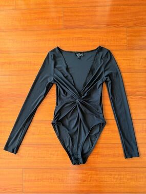 Topshop Black Ribbed Long Sleeve Twist-Front Bodysuit